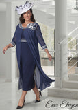 Dressed Up DU709 plus size tea length navy dress with chiffon sleeves and rosette detail