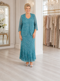 Ann Balon Esmeralda Jade Italian lace three-piece outfit with long skirt, camisole and jacket