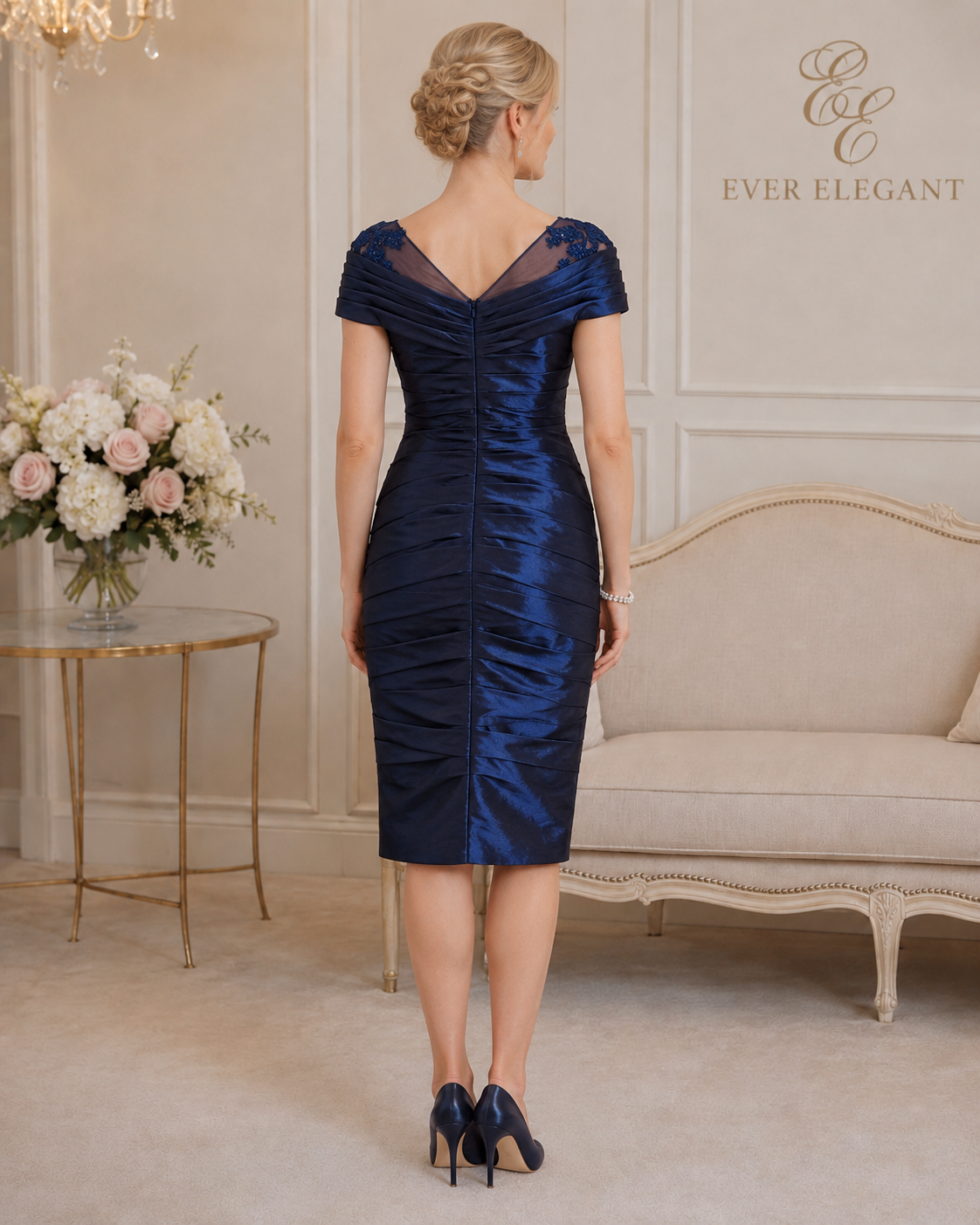 Ispirato midnight blue formal dress with sheer mesh neckline and lace shoulder detail