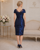 Ispirato midnight blue formal dress with sheer mesh neckline and lace shoulder detail