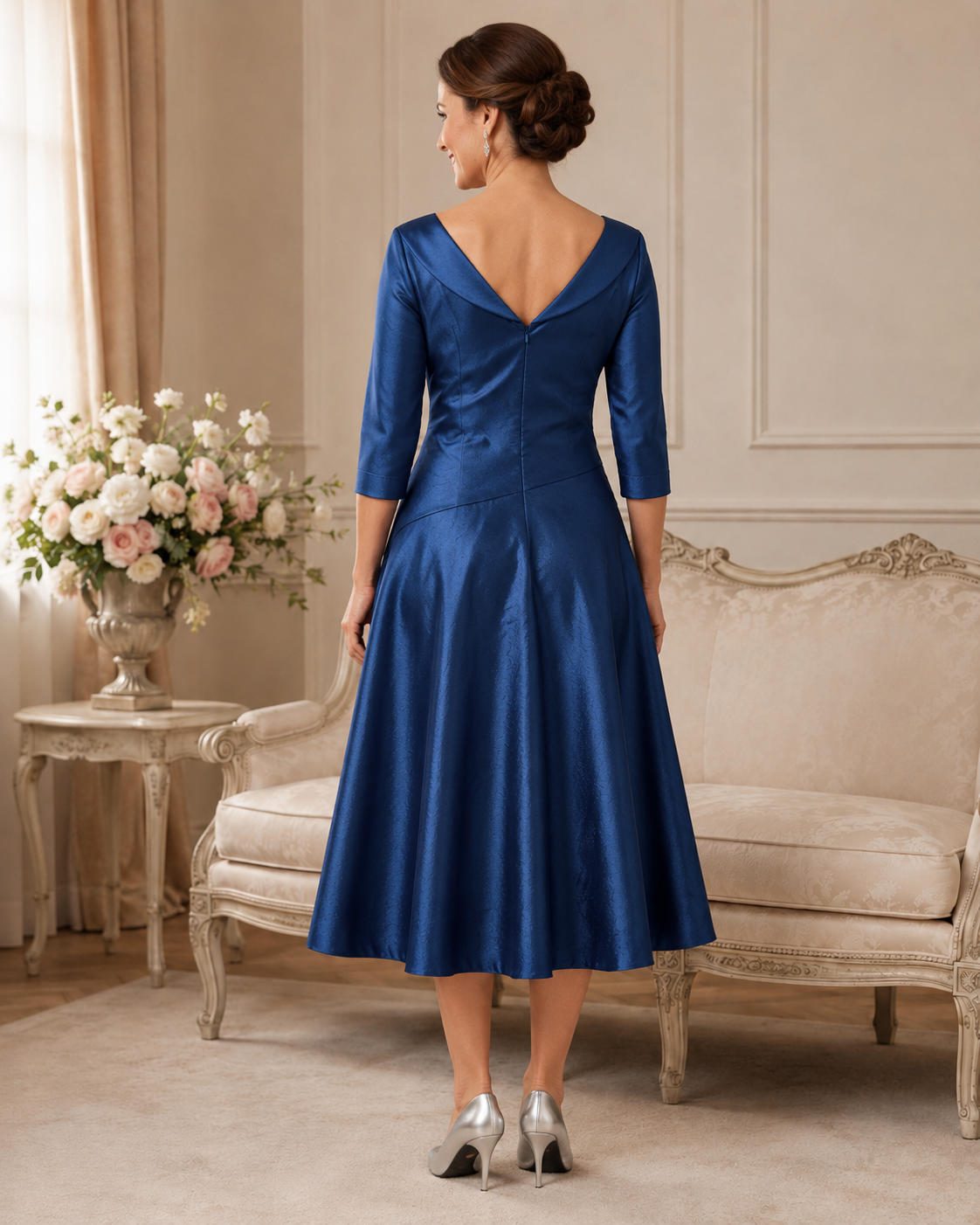 Back view of Ispirato mid blue mother of the bride dress with angled waist seam and three-quarter sleeves