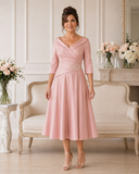 Ispirato ISH822 rose blush stretch taffeta dress on brunette model in elegant indoor setting