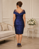 Back view of Ispirato ISJ817 midnight taffeta dress showing V mesh neckline and ruched back