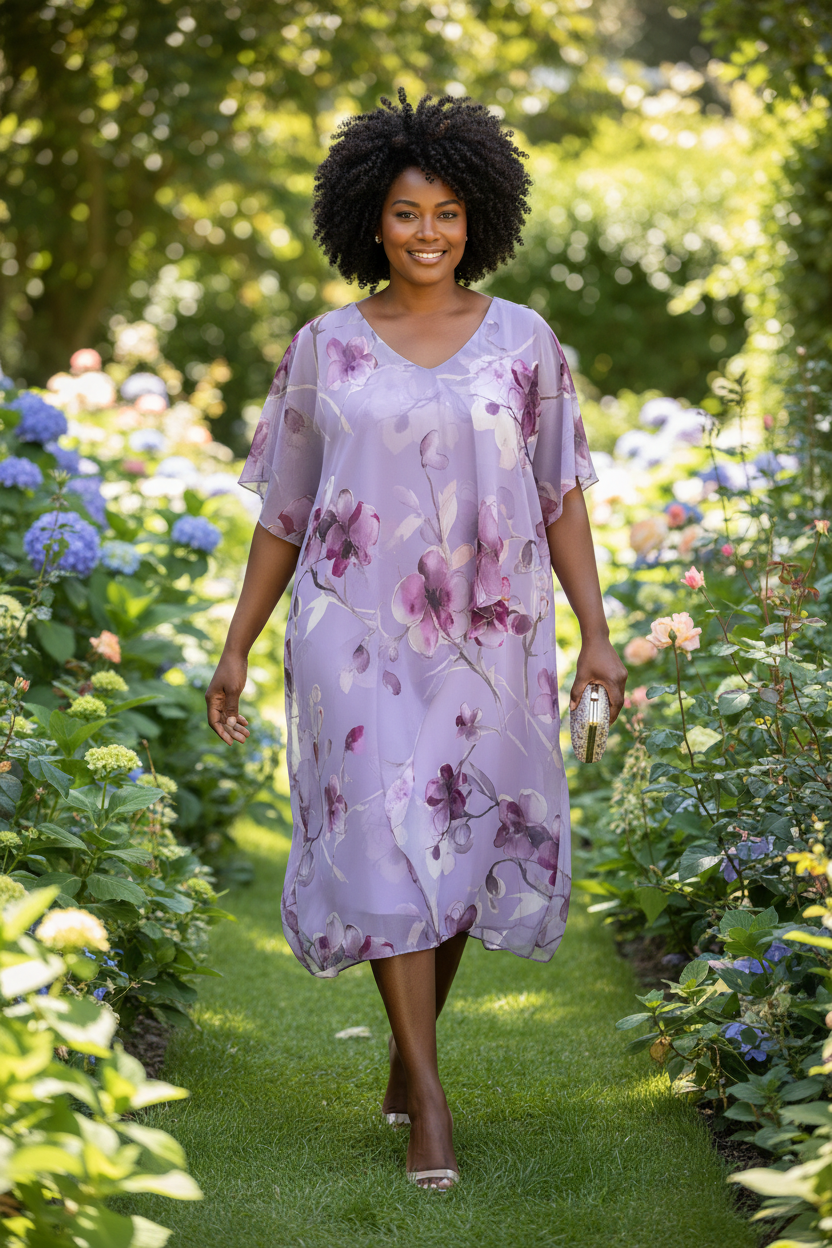 Mature model wearing lilac floral knee-length dress with floaty chiffon overlay and silver accessories