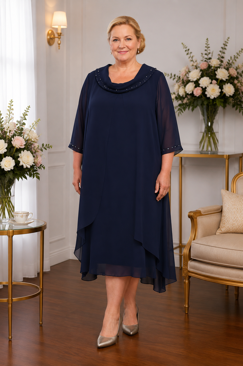 Plus size navy chiffon mother of the bride dress with elegant chiffon overlay and sleeve detail by Lizabella