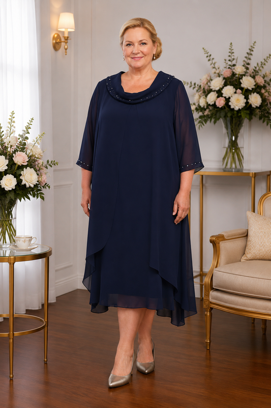 Plus size navy chiffon mother of the bride dress with elegant chiffon overlay and sleeve detail by Lizabella