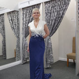 Couture Club Navy and Cream Gown with Beaded Lace Waistline, formal mother of the bride and groom Gown | 7G110.