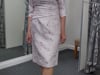 Video of Ispiratos soft pink brocade dress with 3/4 sleeves and rolled neckline.
