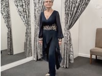 video of pantsuit with chiffon sleeves and gold lace detail for mother of the bride  Available in Melbourne