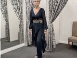 video of pantsuit with chiffon sleeves and gold lace detail for mother of the bride  Available in Melbourne