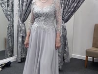 Silver Tea Length Dress with Beaded Lace Bodice and Chiffon Skirt 992710