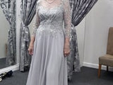 Silver Tea Length Dress with Beaded Lace Bodice and Chiffon Skirt 992710