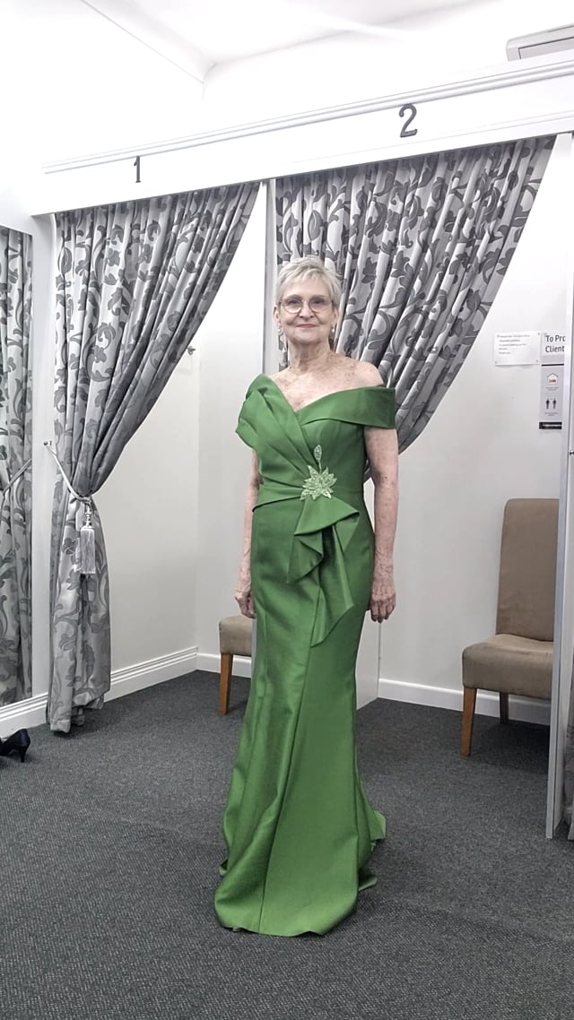 Couture Club Green Off-Shoulder Gown with Pleated Wrap Bodice | Mother of the Bride or Groom | 1G2F8
