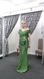 Couture Club Green Off-Shoulder Gown with Pleated Wrap Bodice | Mother of the Bride or Groom | 1G2F8