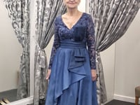 Navy Ombre Satin Long Evening Gown with Beaded Bodice – Style 1G1G2