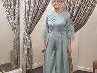 Celadon Satin-Crepe Evening Jumpsuit with Feather Sleeves 1G1A9