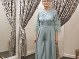 Celadon Satin-Crepe Evening Jumpsuit with Feather Sleeves 1G1A9