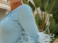 Celadon Satin-Crepe Evening Jumpsuit with Feather Sleeves 1G1A9