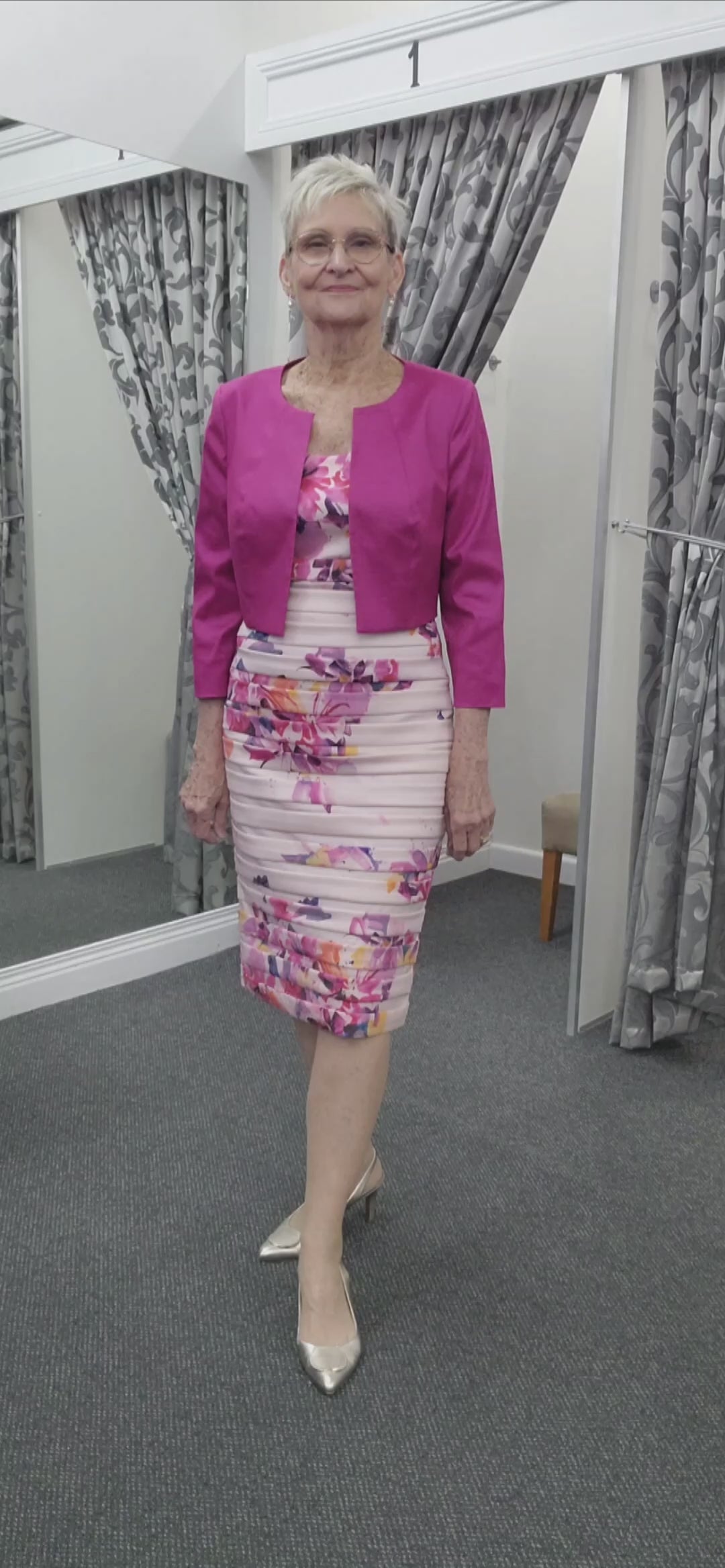 Video of Floral stretch taffeta dress and jacket – figure-flattering formalwear