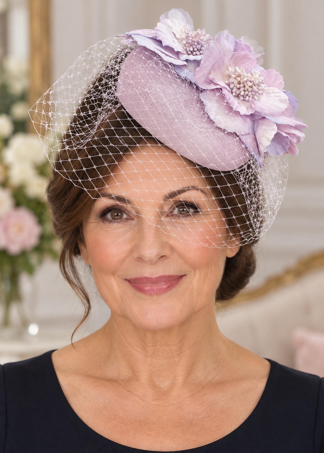 Mature brunette model wearing a lilac and blush-pink fascinator