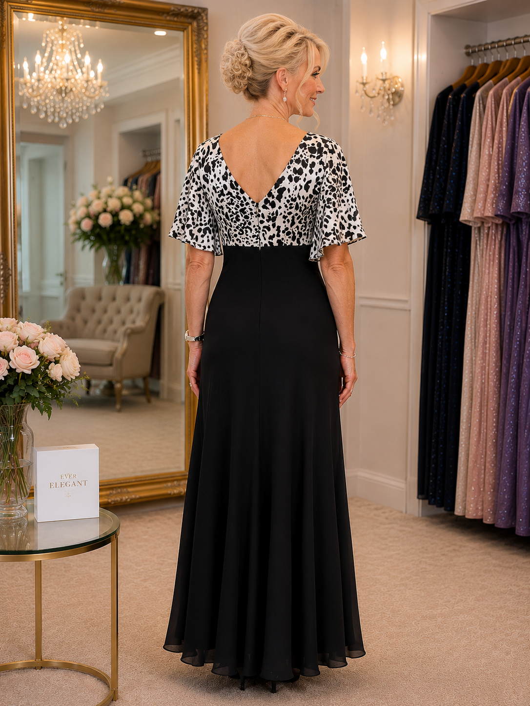 Back view of Lewis Henry black and ivory formal gown featuring elegant V back and flowing bias cut silhouette