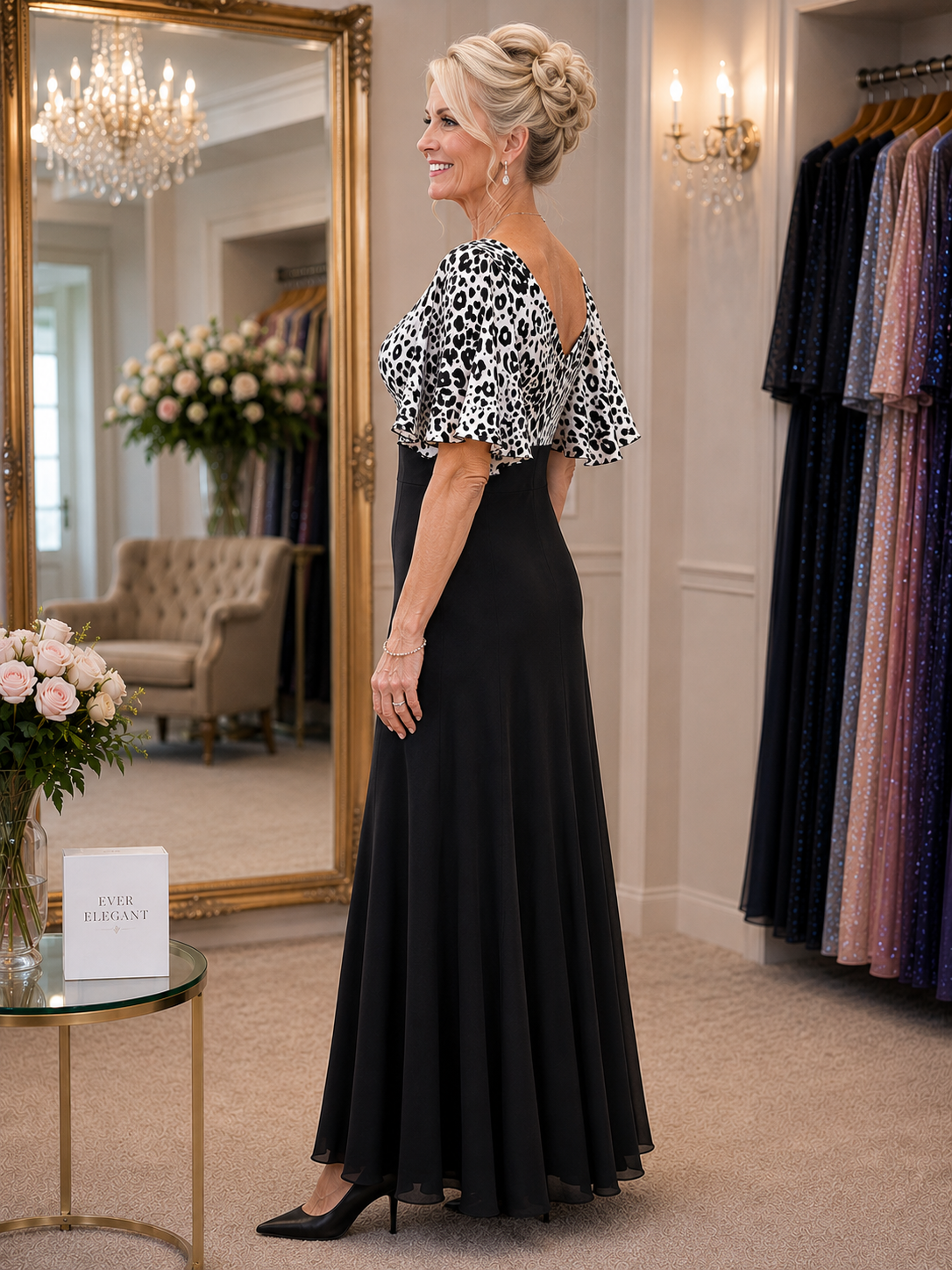 Side view of black and ivory Lewis Henry evening gown showing flattering empire waist and bias cut skirt
