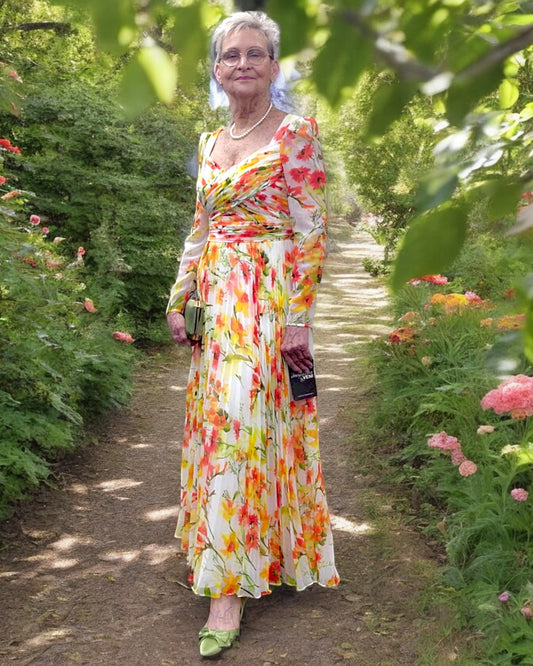 Floral chiffon Tea length dress with sweetheart neckline and 3/4 sleeves for mother of the groom or bride