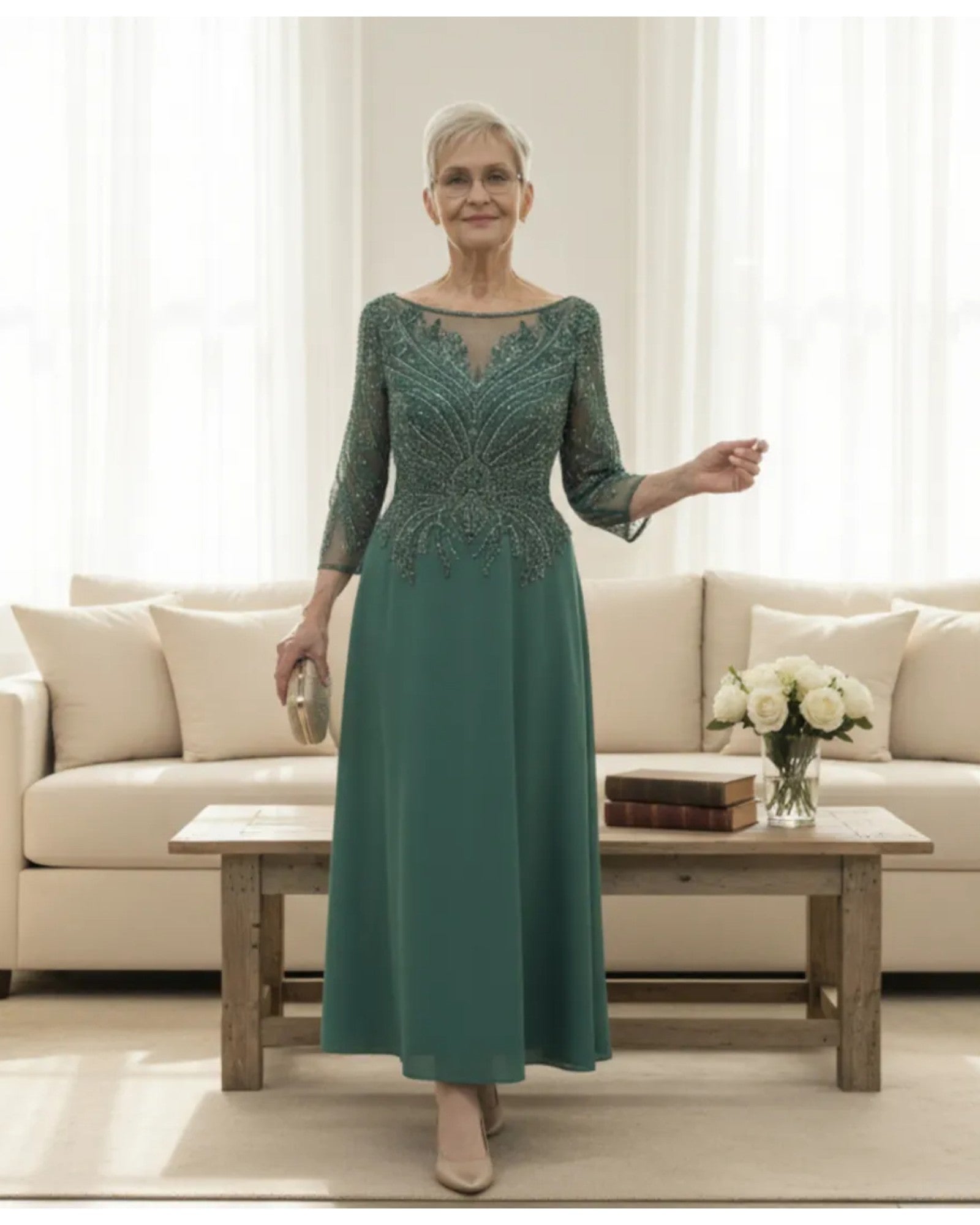 Veni Infantino teal tea length fit and flare dress with a crepe skirt and beaded lace bodice and 3/4 sleeves.