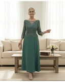 Veni Infantino teal tea length fit and flare dress with a crepe skirt and beaded lace bodice and 3/4 sleeves.