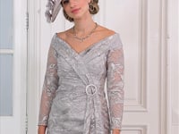 Ispirato Beaded Lace Dress with bardot neckline and drape, part of our Elegant Mother of the Bride Dresses collection | ISH814.