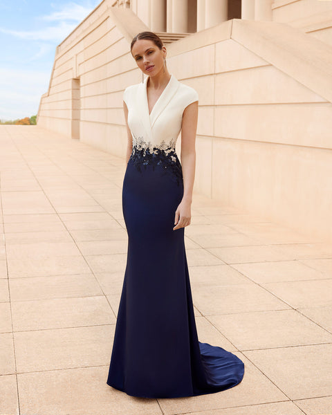 Couture Club Navy and Cream Gown with Beaded Lace Waistline