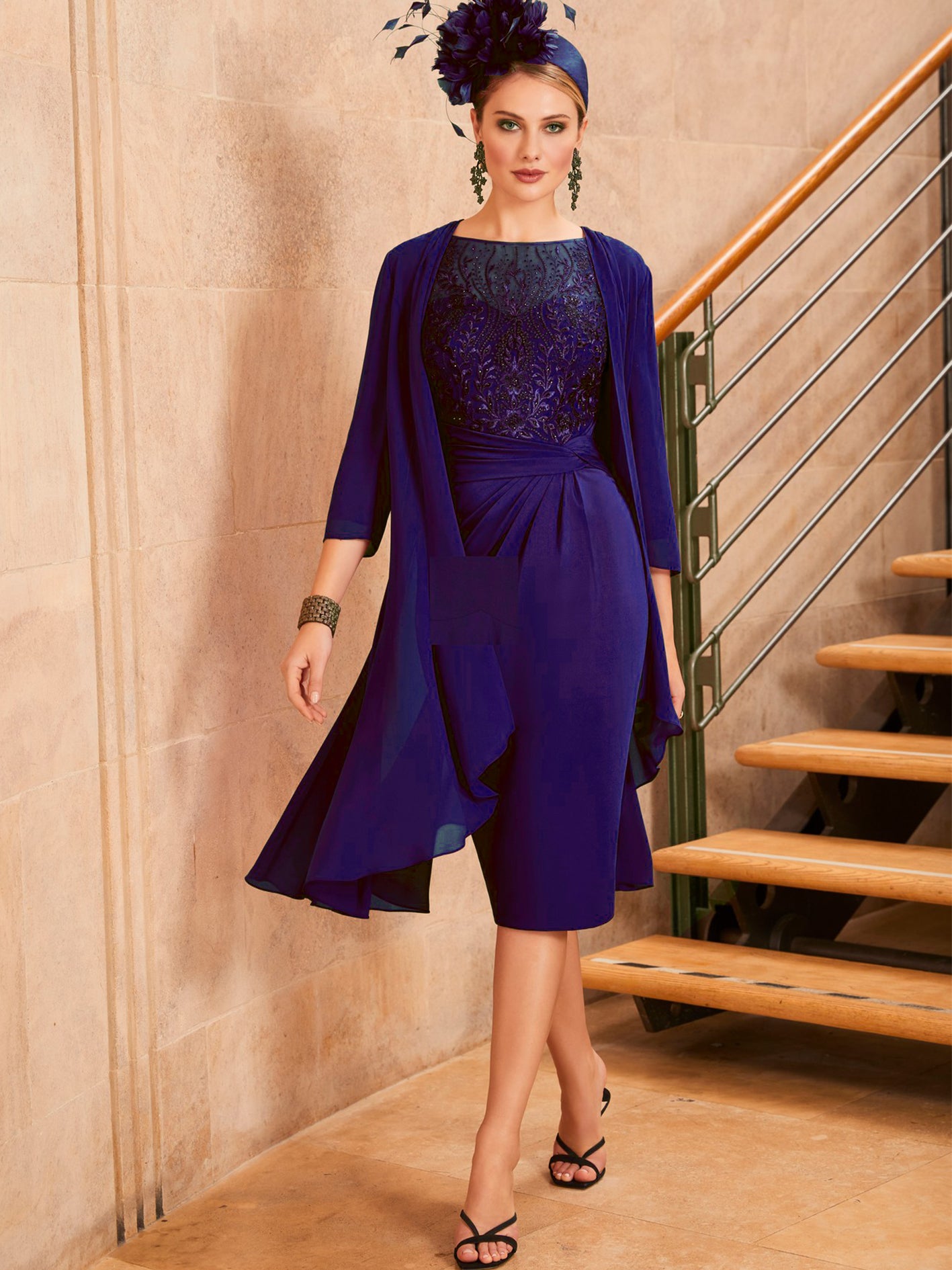 Navy Chiffon Long Coat with Flared Panels & 3/4 Sleeves,Plus size Jacket collection. EE800