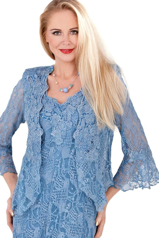 Close-up of sequin-appliqued lace on jacket